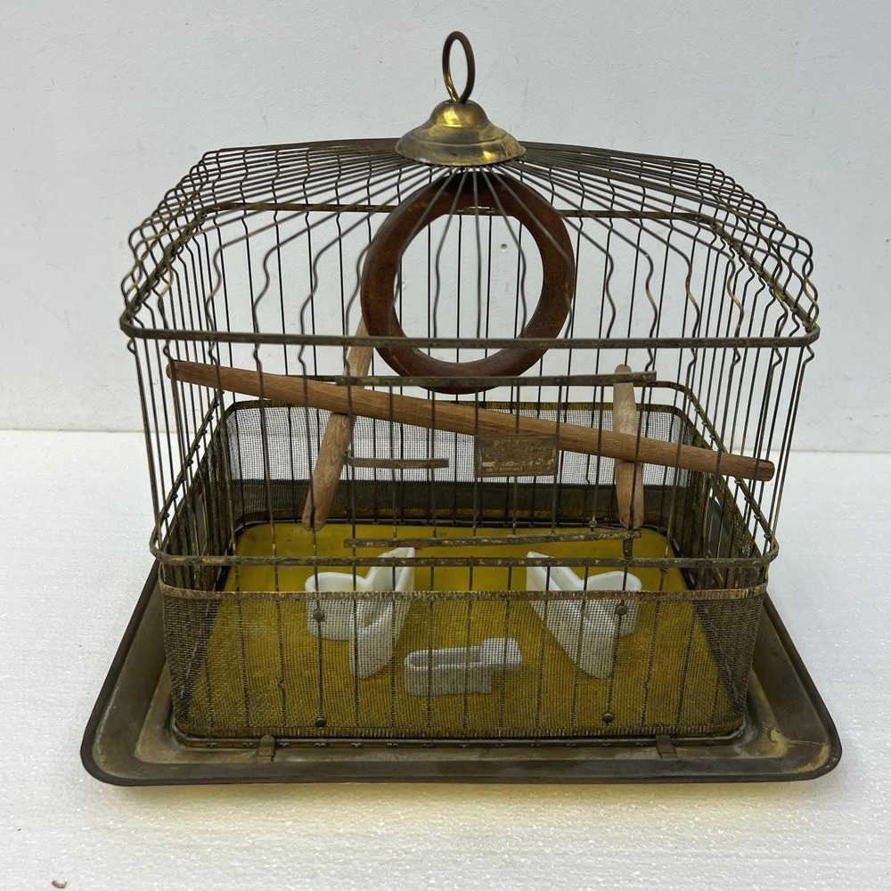 Hendryx Antique Brass Bird Cage Vintage Wire Pet w Porcelain Feeders Perch Gold